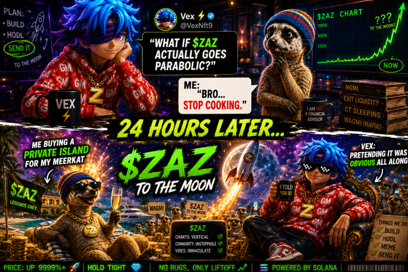 zazinsol's tweet photo. Vex ⚡️ @VexNft9 drops one tweet.
The entire CT:
🤣🤣🤣
24 hours later:
The same people:
Guys, I've been researching $ZAZ for months.
Absolute cinema. 🎬🚀
CA:
8HnKHV1HGMPZAmn3amQmES2EavE7pjVKLEnZbX6KEebk
#ZAZ #solanameme #solanamemecoin https://t.co/RB18uWhHA4