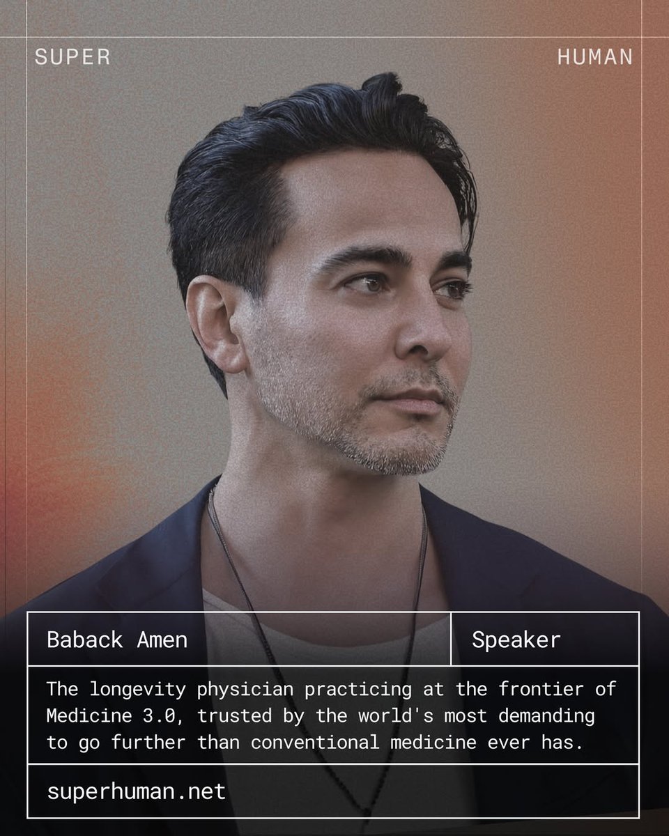 Super_Human_Net's tweet photo. There is a new era of medicine emerging. Dr. Baback Amen is already practicing it.

We are proud to welcome Dr. Baback Amen as a speaker at Super Human Summit 2026.

A board-certified anaesthesiologist and longevity physician, Baback has built a practice trusted by the most demanding — integrating advanced biomarker testing, regenerative medicine and precision longevity into a single clinical framework that goes beyond anything conventional medicine offers. As co-founder of Hathor, he is now building the infrastructure through which Medicine 3.0 will be delivered at scale.

June 13 | Super Human - The Global Human Improvement Summit 2026 | Invite-only
