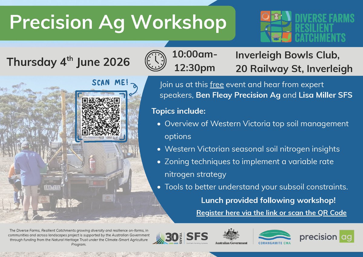 AgPrecision's tweet photo. A free precision ag workshop next Thursday June 4th in Inverleigh.

Practical topics include nitrogen management, variable rate liming, and enhanced zoning techniques using EM and Gamma Radiometrics technology.

Presenters include Ben Fleay and Dr. Kirsten Barlow (Precision Ag) alongside Lisa Miller  Southern Farming Systems (SFS)  , with lunch provided after.

📅 Thursday 4 June | 10:00am – 12:30pm
📍 Inverleigh Bowls Club, 20 Railway St, Inverleigh
🍴 Lunch provided
⚠️ RSVP by Monday 1 June

For more info contact Isabelle Fox, SFS — 0412 080 162 

👇https://t.co/y94tmwvNGe