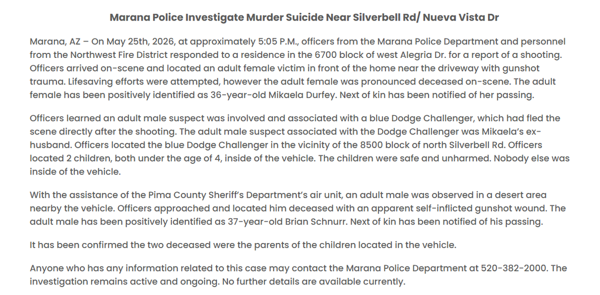 Mary_reports's tweet photo. NEW DETAILS: Marana Police have released more information on yesterday's murder-suicide. https://t.co/qshqcikw7E