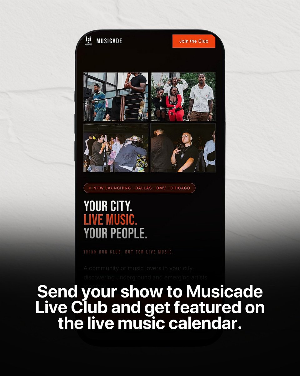 Musicadeapp's tweet photo. If you’re performing in Dallas, DC, or Chicago, we want to know about it.

Musicade is building a live music club where artists, DJs, venues, and fans can discover local events, connect with the culture, and grow together.

Sign up free at https://t.co/HMZHxTgsAz https://t.co/yHubbEJEVD