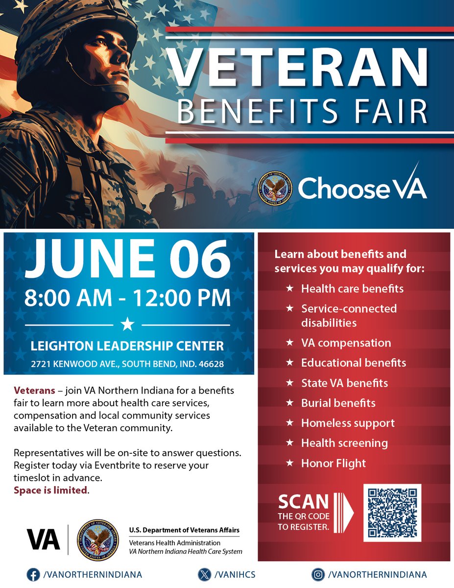 VANIHCS's tweet photo. Join us for a Veteran Benefits Fair on June 6, 8am-12pm, at the Leighton Leadership Center in South Bend to learn more about health care services, compensation and local community services . Space is limited so reserve your seat today: https://t.co/cmmUPdT76C https://t.co/GqFockN453