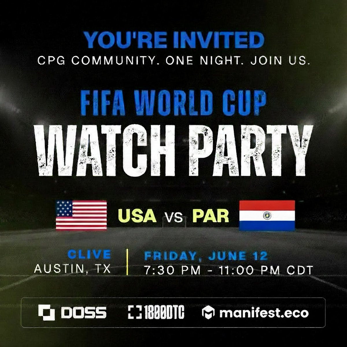 doss_hq's tweet photo. Austin CPG Operators - we're hosting a FIFA World Cup watch party with @1800DTC and @manifest_eco on July 12th. RSVP here to join us: https://t.co/5o4Rq7wVz5 https://t.co/fxwjAHUF2y