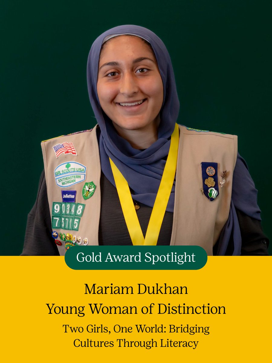 GSSEM's tweet photo. Meet Mariam Dukhan, 2026 Young Woman of Distinction and Gold Award Girl Scout! Wanting all readers to feel seen, valued, and connected through literature, Mariam wrote a book, The Adventures of Dalia and Kaitlyn. Congratulations, Mariam!
Read more: https://t.co/3zhDybwcCD https://t.co/nHCTjaaSat