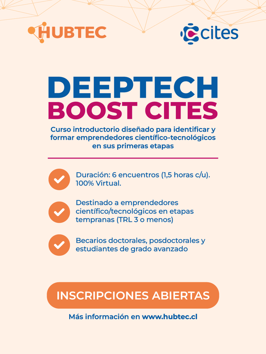 HUBTEC_Chile's tweet photo. ¿Quieres llevar una tecnología deeptech más lejos? 🟠🚀
Participa en Deeptech Boost CITES, convocatoria de HUBTEC y @cites_gss para impulsar emprendimientos científico-tecnológicos en etapa temprana.
📅 Postula hasta el 10 de junio de 2026.
Más info: https://t.co/lKdNPpHTJh https://t.co/DjRL3Yk64h