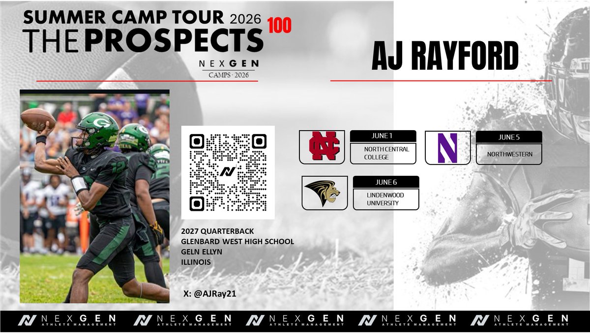 NexGenbyApex's tweet photo. 2026 Camp Tour
✅2027 QB AJ Rayford @AJRay21 
Glenbard West HS @HitterFootball 
Glen Ellyn (IL)
6/1 @football_ncc 
6/5 @NUFBFamily 
6/6 @LindenwoodFB https://t.co/D1ST77x74R