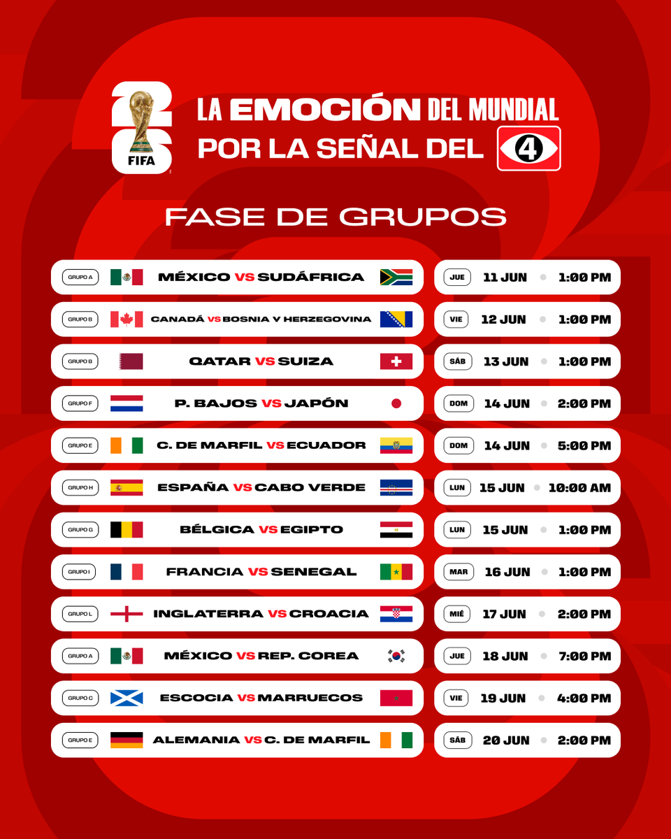 Canal4TCS's tweet photo. ¡𝐸𝐿 𝐸𝑉𝐸𝑁𝑇𝑂 𝑀𝐴́𝑆 𝐺𝑅𝐴𝑁𝐷𝐸 𝐷𝐸𝐿 𝐹𝑈́𝑇𝐵𝑂𝐿! 🌎🏆

🎬 El Mundial 2026 se vive aquí, Esta es la programación oficial de la fase de grupos que podrás disfrutar por Canal 4. 😉

📌 Lo mejor del mundial por Canal 4 y TCS GO!

#MundialxEl4 https://t.co/b7m1n7LBAE