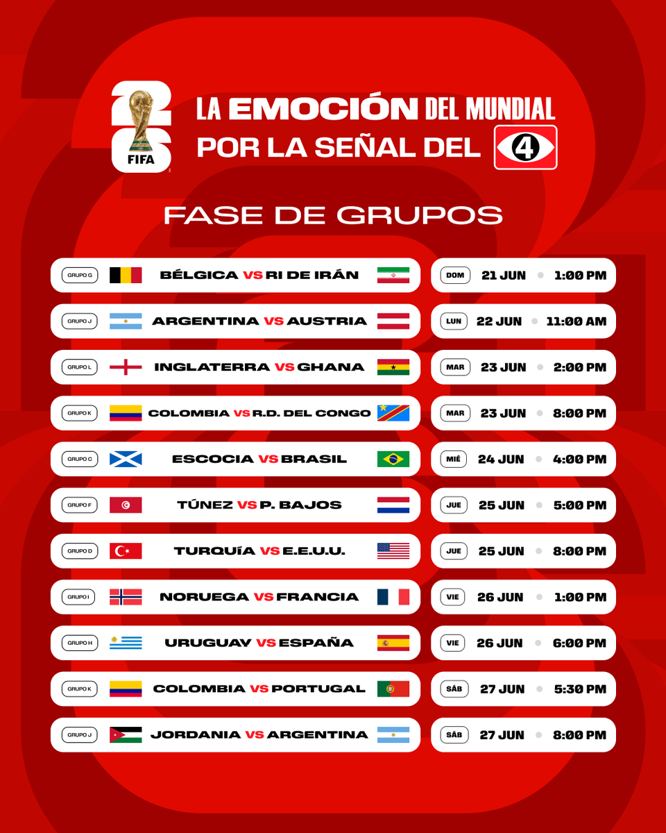 Canal4TCS's tweet photo. ¡𝐸𝐿 𝐸𝑉𝐸𝑁𝑇𝑂 𝑀𝐴́𝑆 𝐺𝑅𝐴𝑁𝐷𝐸 𝐷𝐸𝐿 𝐹𝑈́𝑇𝐵𝑂𝐿! 🌎🏆

🎬 El Mundial 2026 se vive aquí, Esta es la programación oficial de la fase de grupos que podrás disfrutar por Canal 4. 😉

📌 Lo mejor del mundial por Canal 4 y TCS GO!

#MundialxEl4 https://t.co/b7m1n7LBAE