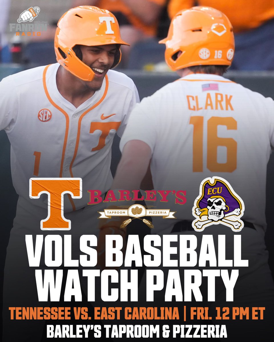 FOXSportsKnox's tweet photo. Tennessee Baseball Watch Party 🍊

Join us at Barley’s Taproom &amp; Pizzeria in the Old City this Friday as the #Vols take on East Carolina in the NCAA Chapel Hill Regional. 

First pitch is scheduled for 12 PM ET on ESPNU, so arrive early to claim your spot! 🔥 https://t.co/fvPJssGIR3