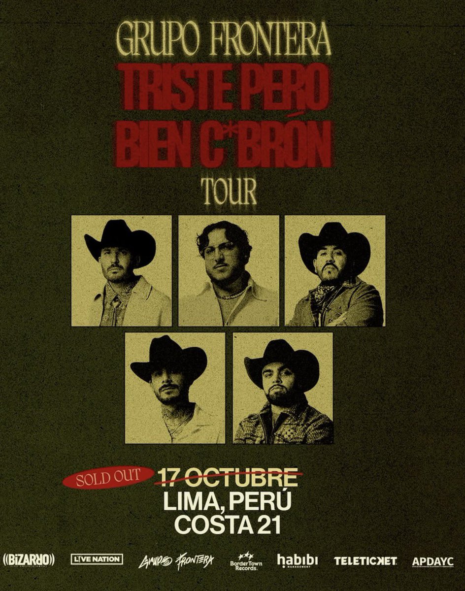 MasMusicPE's tweet photo. El show del GRUPO FRONTERA en Perú 🇵🇪 se encuentra sold out.

🗓️ 17 octubre
📍Costa 21 https://t.co/gvRbr5S4BN