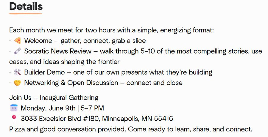 MinnFinTech's tweet photo. NorthStar Pioneers - Inaugural Gathering

Tuesday, June 9th, 5:00 - 7:00 pm

At @improving (@improvingmn)
3033 Excelsior Blvd, #180
Minneapolis

Socratic forum - Builder Demo - Networking

Organizer: Lee W -- active (including speaker) at @BitcoinersMPLS

https://t.co/FFltYGmzwe https://t.co/iAOIhhk6eo