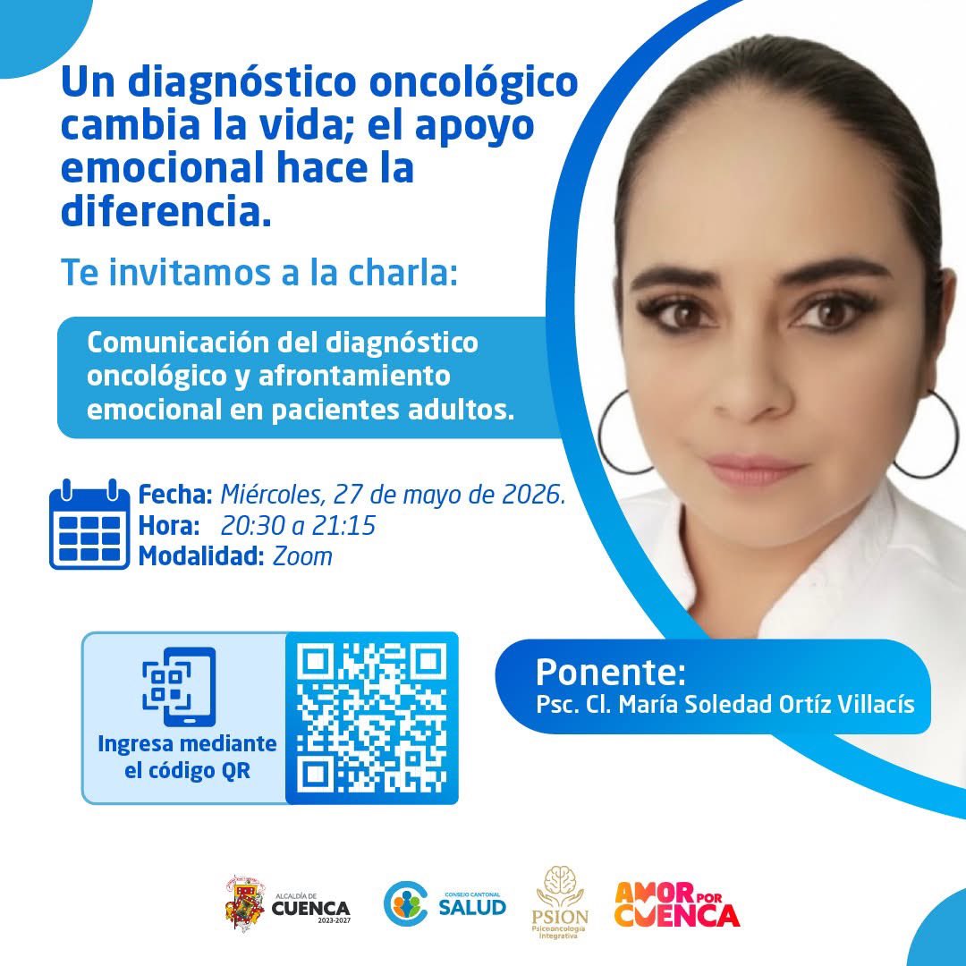 ConsejoSalud_'s tweet photo. Acompañar también es sanar.

Te invitamos a ser parte de este espacio de aprendizaje y reflexión, donde abordaremos la importancia de la salud mental en pacientes oncológicos y sus familias.🎗️

📅 Miércoles, 27 de mayo de 2026
⏰ 20:30
💻 Modalidad virtual https://t.co/RQPITvTFBU https://t.co/KcBYGgGeZL