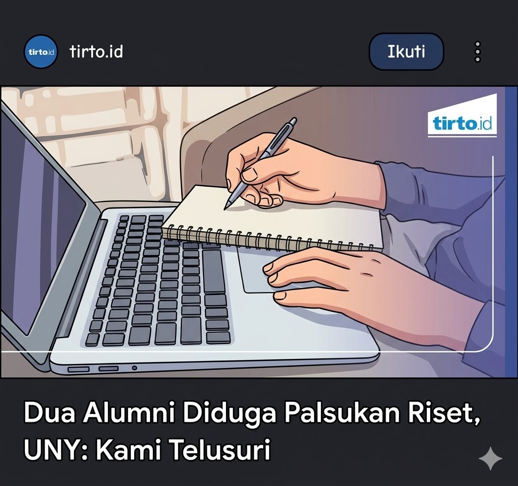 direktoridosen's tweet photo. Just in.

Universitas Negeri Yogyakarta (UNY) menelusuri kabar dua alumninya, yang masuk sekelompok peneliti, diduga terlibat dalam kasus pemalsuan riset di dalam konferensi internasional. 

Dua nama yang disebut alumni UNY itu, yakni Rifaldy Fajar dan Prihantini.

Wakil Rektor Bidang Akademik UNY, Nur Hidayanto mengakui dua nama tersebut tercatat dalam database lulusan UNY. Ia menyebut Rifaldy merupakan mahasiswa Matematika lulusan 2014 dan Prihantini mahasiswa Matematika lulusan 2015.

here we go !!!