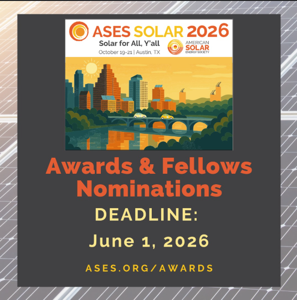 TXSES's tweet photo. The #ASES Awards will be presented at the SOLAR 2026 National Solar Conference in Austin this October (co-hosted by #TXSES)!🏆 Nominate by this Monday, June 1!☀️
🔗Details &amp; nomination form: in comments
@ases_solar #SolarAwards #solar #ASESSolar https://t.co/XZLAWC8p6D