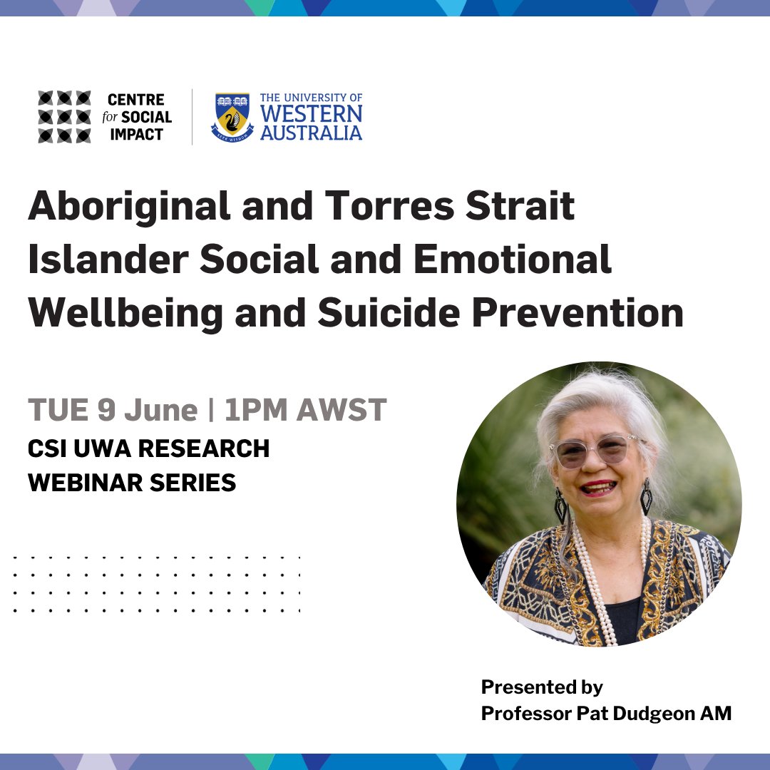 cbpatsisp's tweet photo. Join Professor Pat Dudgeon AM in this webinar about rethinking how research and practice in mental health can be more inclusive, culturally informed, and community-led.

🗓️ Tuesday, June 9 2026
⏰ 1:00pm-2:00pm AWST
💻 Online ONLY

Register to attend 👉 https://t.co/NTkhiCHVMU... https://t.co/gdH7HX4khA