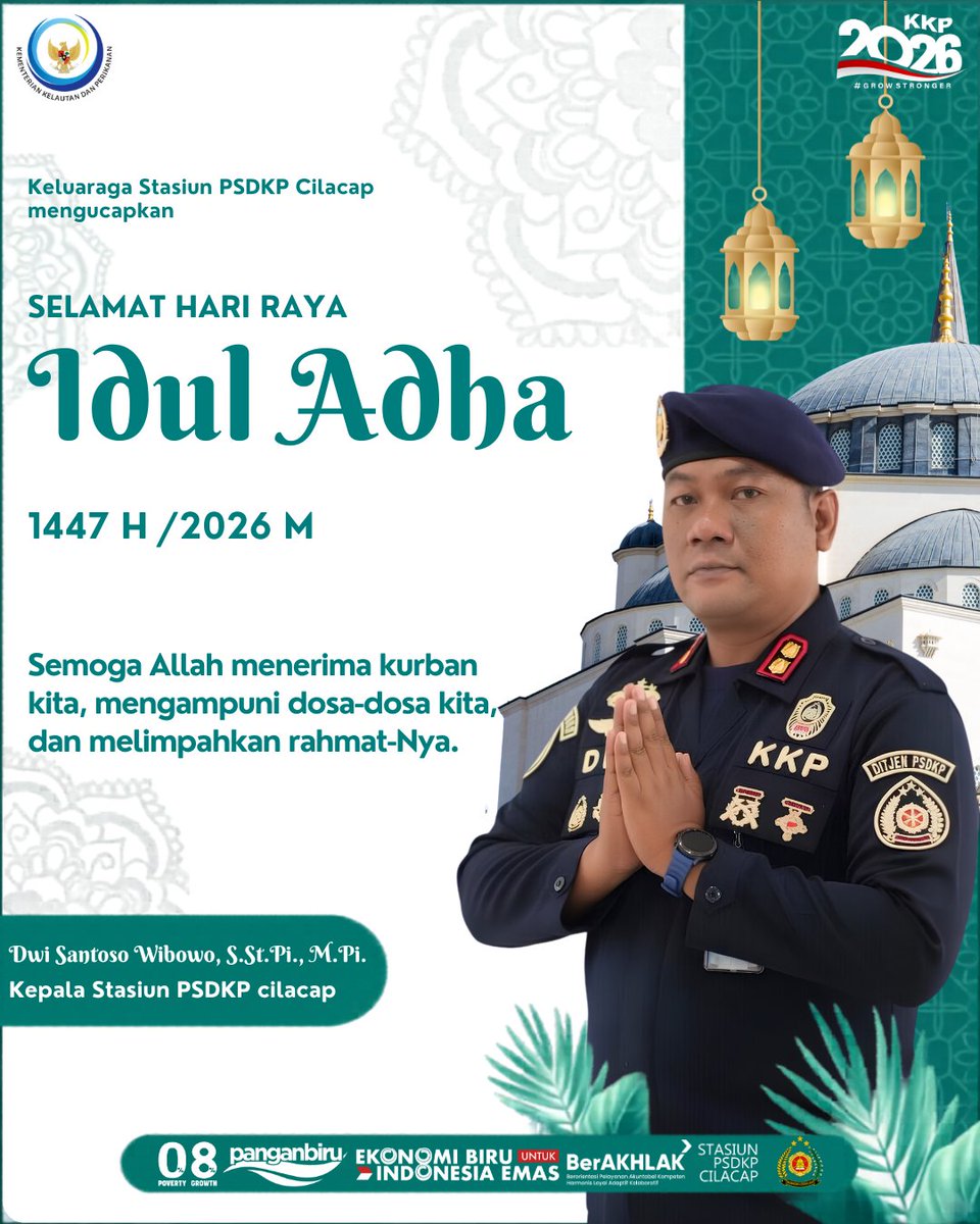 cilacap_psdkp's tweet photo. Keluarga besar Stasiun PSDKP Cilacap mengucapkan Selamat Hari Raya Idul Adha 1447 H. 🌙✨

Semoga semangat keikhlasan, pengorbanan, dan kebersamaan senantiasa membawa keberkahan bagi kita semua. 🤲

#IdulAdha1447H #StasiunPSDKPCilacap #PSDKP #KKP https://t.co/KDJYbfT3bF