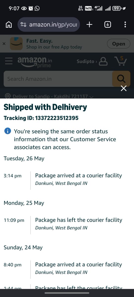 Supriyo_D's tweet photo. @delhivery @amazonIN What are you doing? I have ordered an item, the delivery was expected to be on 21st May. The shipment is showing near to my home, but Delhivery courier is not delivering. @delhivery is telling best in India? Why don't you take steps? https://t.co/eiwehEVrfd