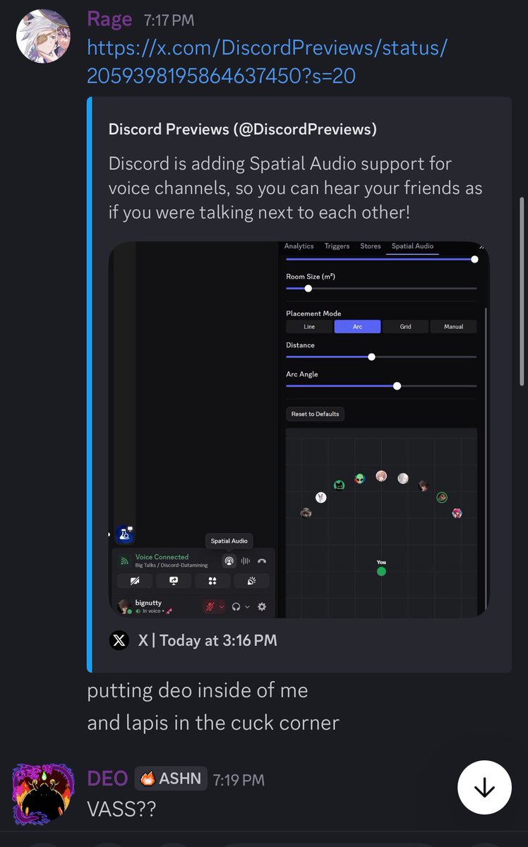 deo6872's tweet photo. Oh geez can’t wait for the new discord Spatial Audio to come out https://t.co/eirSYxD42Z