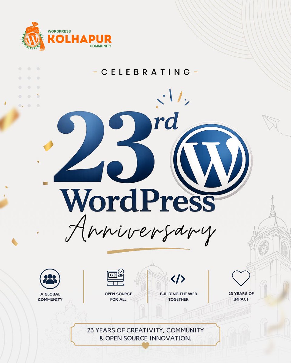 WPKolhapur's tweet photo. Happy 23rd Anniversary to WordPress 
23 years of powering the open web, creators, and businesses worldwide. 🚀

#WordPress #WP23 #OpenSource https://t.co/so7yca0S4B