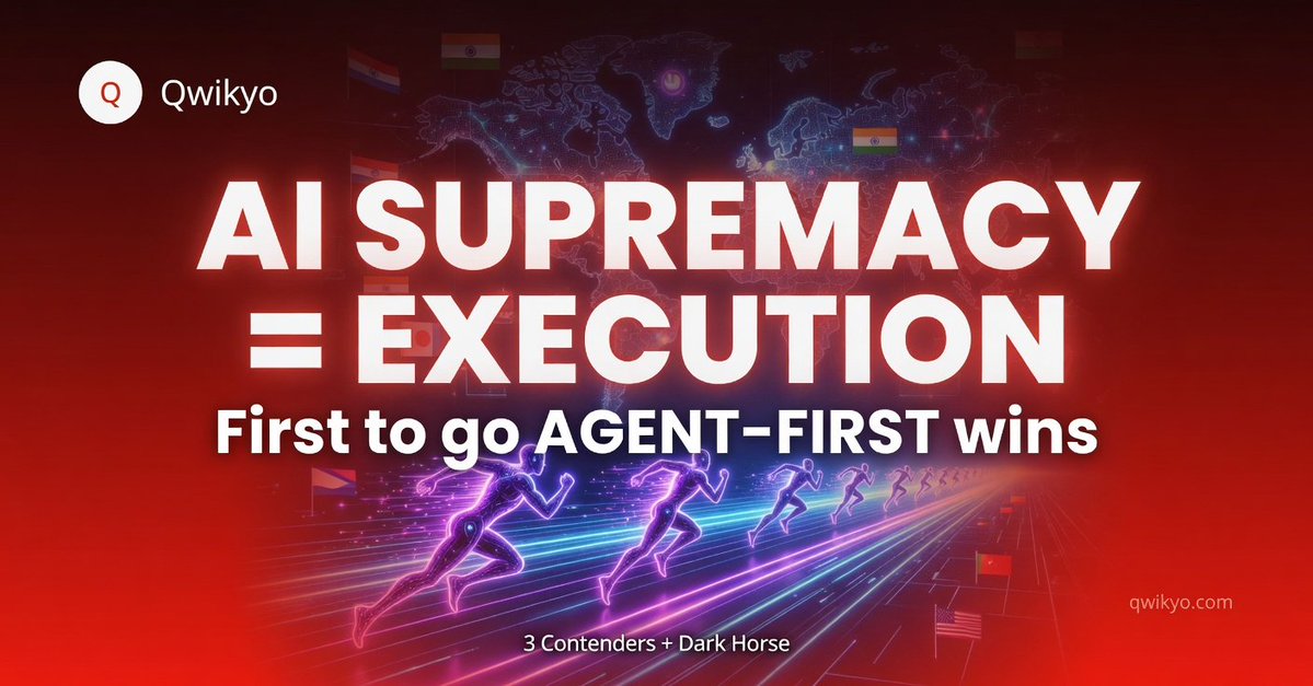 qwikyo's tweet photo. The race for AI supremacy isn't about large language models anymore. It’s about execution.

The next superpower won't be the country with the most compute, but the first country to go completely Agent-First.

Here is the breakdown of the 3 global contenders, and the dark horse that will likely win the race: 👇 🧵