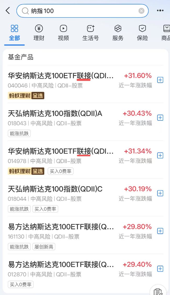 LuBtc888's tweet photo. 支付宝纳指100保姆级教程（新手必懂基础）

很多人在支付宝里搜[纳指100]，会看到一个带“ETF联接”字样的产品

你可能会好奇，我要买指数，怎么冒出个没听过的名字？

其实没买错，只是上车方式不同。

先理解一个核心：指数本身不是商品。

像纳指100，本质是一份股票名单和权重规则，交易所里没有“指数份额”可以买卖。

你能买的，是构成这个指数的那些股票，或者打包买这些股票的ETF。

但普通人按比例买齐100只股票，成本高、操作麻烦、还要换汇开户，不现实。

所以才有更便捷的路径就是 ETF联接。

它的逻辑是一条链路：  

你买联接基金 → 联接基金去投对应的ETF → 那个ETF再去跟���纳指100指数。

说白了，ETF联接是一座 桥，帮你在支付宝这类场外平台，间接跟踪场内那个真正的纳指100 ETF。

顺便区分两个易混的概念：
- ETF：场内交易，像股票一样盘中买卖，需要证券账户。
- ETF联接：场外申赎，按当天净值确认份额，没有盘中实时价格。

所以别看到盘中ETF涨了2%，就以为联接基金立刻赚了2%，场外净值确认有自己的一套规则。

实操记住四件事（看基金页面时重点看）：
1. 名字里有没有“ETF联接”
2. 它跟踪的标的是什么（通常就是某只纳指100 ETF）
3. 持仓结构是否围绕目标ETF
4. 交易规则和费率（确认时间、A/C类费用等）

这些才决定了你真正的买入体验。

ETF联接不是ETF本身，而是一座让你在场外也能跟上指数的桥。