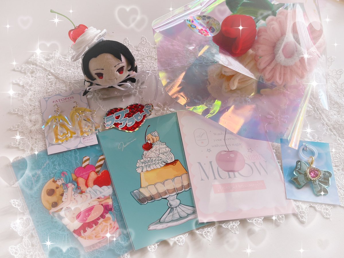 uniskrxxx's tweet photo. 遅ればせながら #デザフェス戦利品✨

@mymyshop1940 めじるしチャーム🎀

@stylish_gorilla ポスカ🍮

@nanashino_milk ポスカ🍒

@saku_2270 🍒ヘドレ

@ATOPOS_COSMOS ピアス🌷

@yule_310 モールフラワー💐

@rooms_door ステッカー❤️ https://t.co/8Vpl1iy4Bu