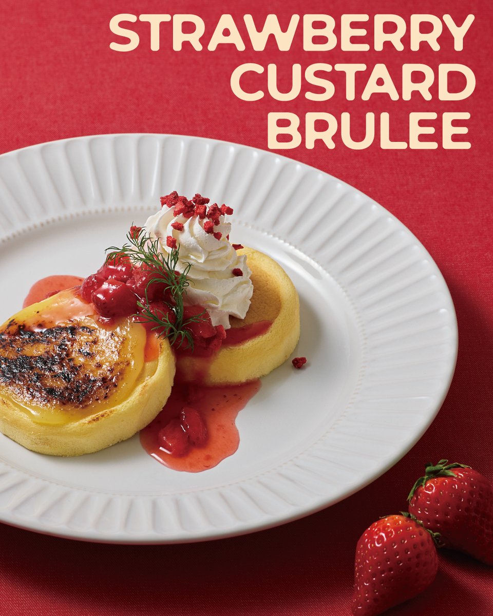 epronto_pr's tweet photo. 🍓期間限定🍓
「スフレパンケーキ ～苺カスタードブリュレ～」

ふわっと軽いスフレパンケーキに、甘酸っぱい苺ソースと濃厚なカスタードを重ね、表面を香ばしくブリュレ��ました✨
とろける口どけとカリッとした食感が重なる、ちょっと贅沢な苺スイーツです🍽️🍓 https://t.co/46VXfGJNre