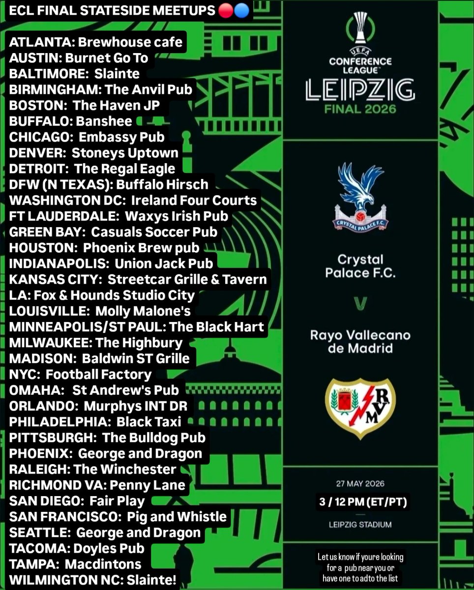 holmesdaleUSA's tweet photo. Updated lists of stateside meetups for Wednesdays ECL Final 🔴🔵 Let us know if yours is missing or if youre looking for somewhere near you! Or where youre meeting up at on the lists! https://t.co/WSrBMRvrfn