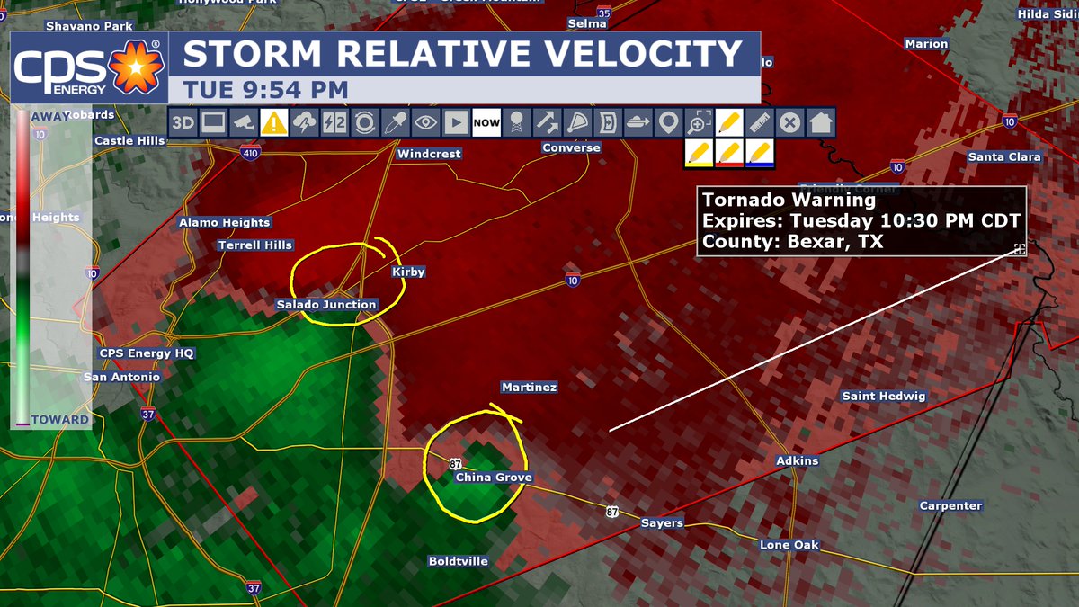 wxprobrian's tweet photo. 9:54PM: I have circled two areas of rotation that could produce a tornado. If you live in the northeast side of San Antonio, take your tornado precautions right now. Get into an interior room away from outer doors and windows. https://t.co/D133Rmitnk