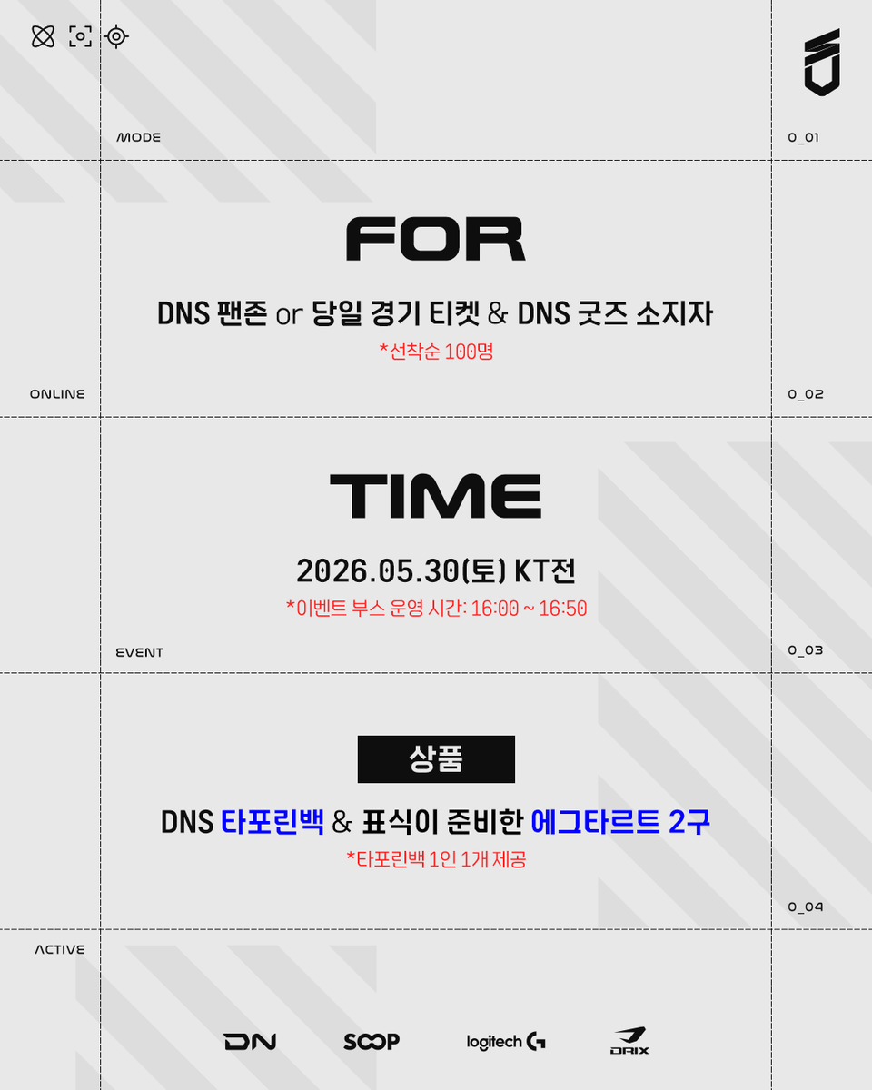 SOOPers_LoL's tweet photo. 💙DN SOOPers LoL팀 정규시즌 팬 감사 EVENT💙

2026년 LCK 1-2R 동안 DN SOOPers LoL 팀을 응원해주신 팬분들을 위해 감사 선물을 준비했습니다🎁
5/30 vs KT전 DNS 이벤트 부스에 방문하셔서, ✨DNS 타포린백 & 표식 선수가 준비한 에그타르트✨ 받아가세요📢

✅이벤트 대상 : [5/30 DNS 경기 티켓 팬존 (F,G구역) 소지자] or  [5/30 DNS 경기 티켓 + DNS 굿즈 소지자] 선착순 100명
✅이벤트 일시 : 5/30 vs KT전 16:00 ~ 16:50 (이벤트부스 운영시간)
*준비된 수량 소진 시 조기 마감됩니다

#STAYSHARP #DNS #DNSWIN
