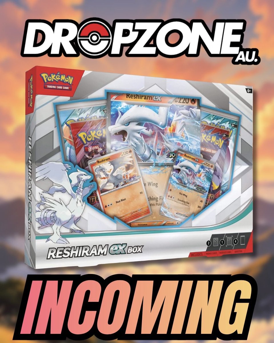 DropZoneAU's tweet photo. The Reshiram ex Box is officially COMING to Australian stores soon 👀🔥

Australia’s version is expected to feature Surging Sparks and Twilight Masquerade instead ⚡️

3 Day Free Trials available in our bio!

#pokemon #pokémon #pokemoncards #pokemoncollector #pokemoncollection https://t.co/OYBSv4IMFw