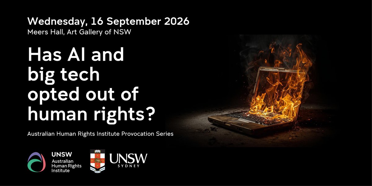 HumanRightsUNSW's tweet photo. JUST ANNOUNCED | The Australian Human Rights Institute’s Provocation Series returns to @ArtGalleryofNSW in 2026. This year's panel will debate how we protect human rights and democracy in the age of tech titans. Tickets + speakers out in June. Read more: https://t.co/p2yvlX6hcX https://t.co/TMepHRa012