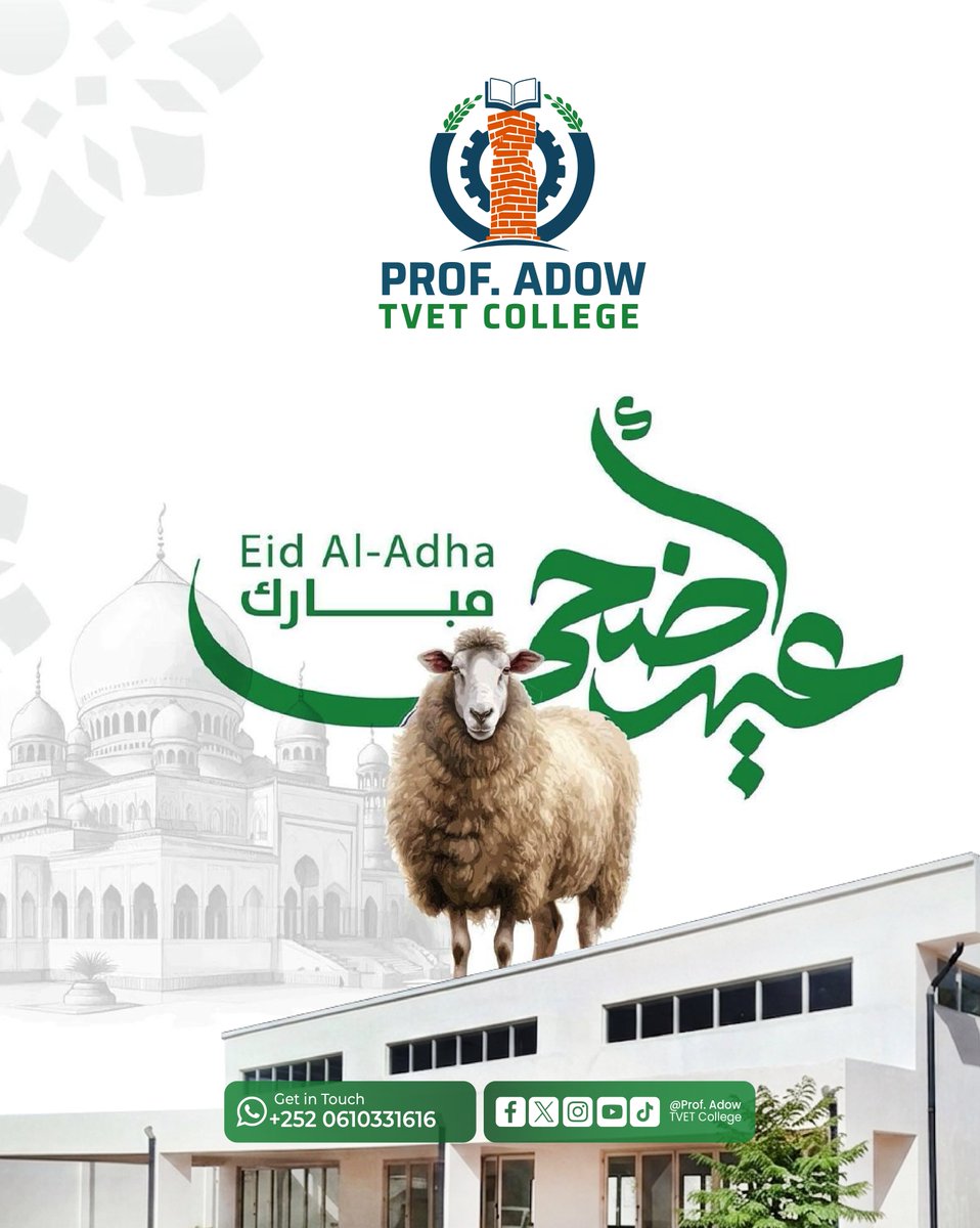 ProfAdowTVET's tweet photo. 📷📷 Maamulka iyo Shaqaalaha Prof. Adow TVET College waxay hambalyo iyo bogaadin u dirayaan dhammaan ummadda Soomaaliyeed iyo Muslimiinta caalamka munaasabadda barakaysan ee Ciidul adxaa .
Ciid Wanaagsan!
Ciid Mubaarak!
كل عام وأنتم بخير
عيد مبارك https://t.co/LViEIbK8wD