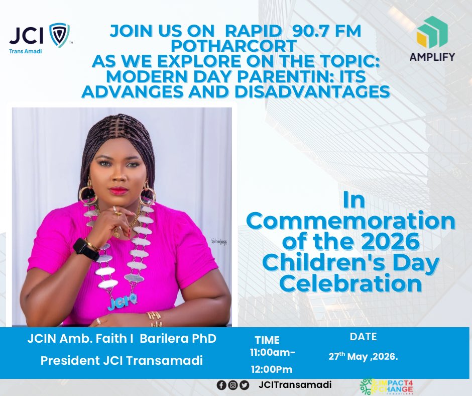 fabeth2003's tweet photo. In commemoration of the 2026 Children’s Day Celebration, JCI Transamadi in partnership with Radio Rapid 90.7 FM Port Harcourt invites you to a special and insightful radio discussion on:

🎙️ Guest Speaker:
JCIN Amb. Faith I. Barilera, PhD
President, JCI Transamadi

#JCINigeria https://t.co/3Ii9qq1J1t
