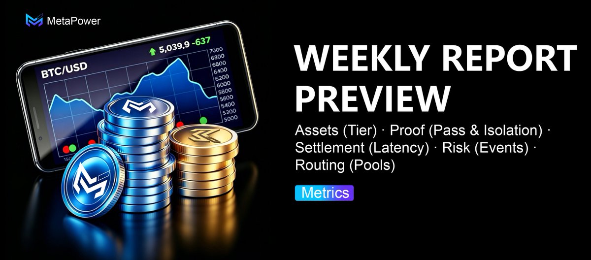 MetaPower_X's tweet photo. Weekly report preview
Assets (tier) / Proof (pass &amp; isolation) / Settlement (latency) / Risk (events) / Routing (pools).
#MetaPower #Metrics https://t.co/rymSGfaPLW