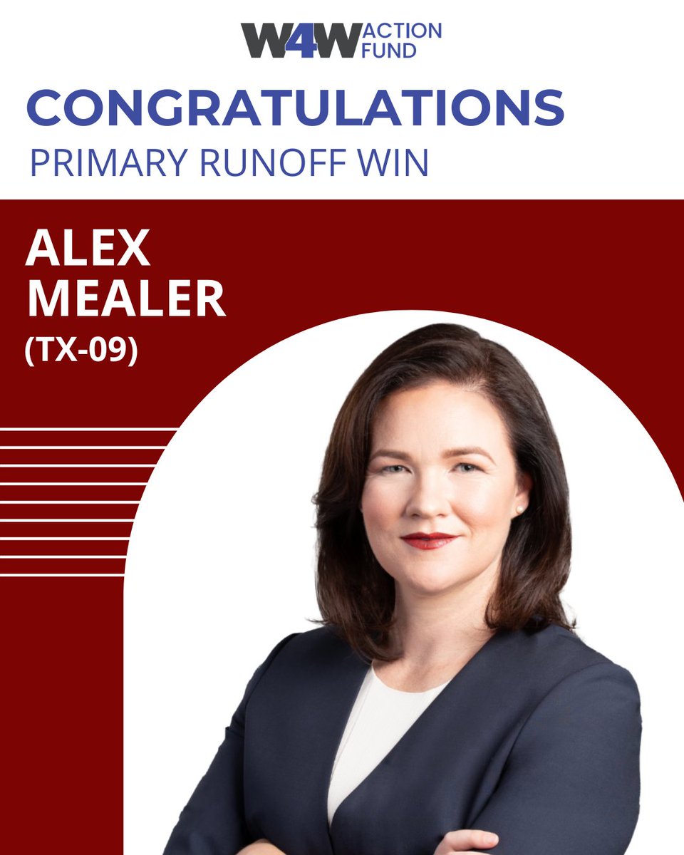 WinningForWomen's tweet photo. Congratulations to @AlexMealerTX on winning the GOP primary runoff in #TX09!

#WFWActionFund was proud to be one of the first groups to support Alex, and we’re excited to continue backing her as she fights on to November! https://t.co/vTDfqSlSnU