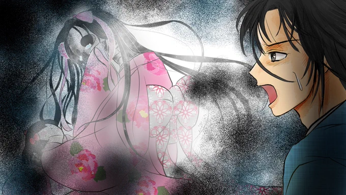 昔のイラスト紹介 福娘童話集昔話36 「新説百物語牡丹灯籠」15 庭では愛しい人が骸骨の姿で待っていました。 そして涙を流しながら新之丞に言います。 「修験者の法力で、人の姿を保てなくなりました。 間もなく私たちは、この世から姿を消さなくてはなりません。