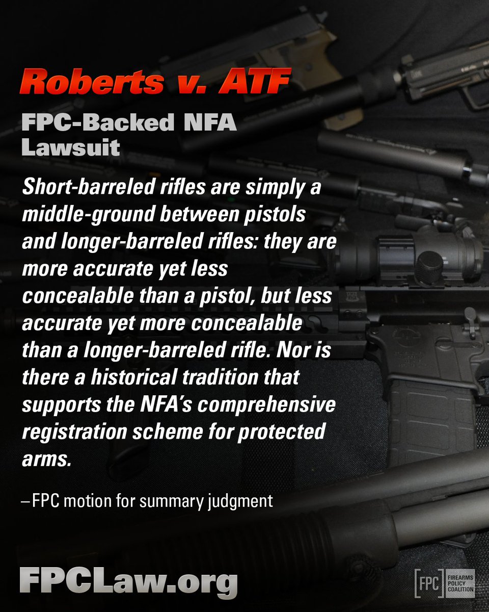 gunpolicy's tweet photo. Tomorrow, the government's cross-motion for summary judgment and opposition to our MSJ is due at the district court in our Roberts v. ATF FPC-Back NFA Lawsuit. https://t.co/gC5MZthMRl