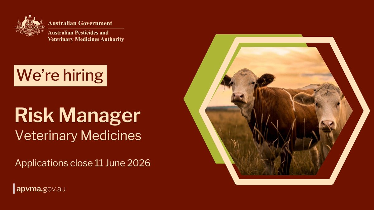 APVMA's tweet photo. The #APVMA is seeking applications for a Risk Manager, Veterinary Medicines who will apply their expertise and technical knowledge to evaluate the potential safety, efficacy, and trade impacts of veterinary medicine products. More info: https://t.co/VPsBDmuoW1 https://t.co/4Ced9DSlC7