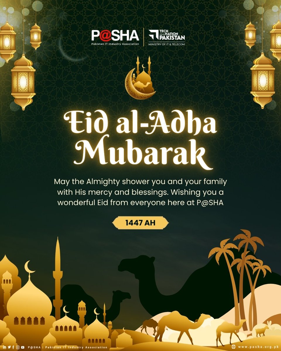 PASHAORG's tweet photo. Eid Mubarak from P@SHA!

On this blessed occasion of Eid-ul-Adha, we extend our heartfelt wishes to our community. May the spirit of sacrifice and generosity bring peace, harmony, and prosperity to all.

Wishing everyone a joyful Eid celebration!
.
.
#PASHA #EidUlAdha2026 #EidMuabrak#TechCommunity