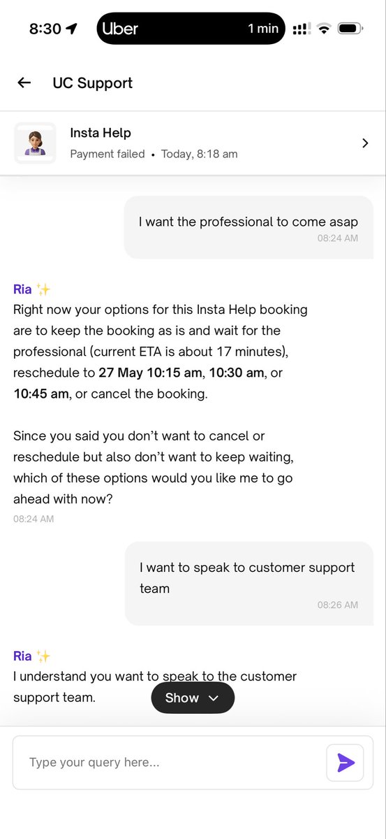 hellopatts's tweet photo. The AI slop in @urbancompany_UC help support is the worst. 

Now allowed to speak to an agent. 
No calls to the professional. 
No update on the updated time. 
Same repetitive bs. 

The irony of booking Instahelp has nothing instant about it. https://t.co/MFYfwkn3Uf
