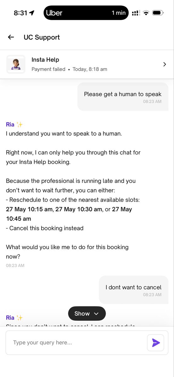 hellopatts's tweet photo. The AI slop in @urbancompany_UC help support is the worst. 

Now allowed to speak to an agent. 
No calls to the professional. 
No update on the updated time. 
Same repetitive bs. 

The irony of booking Instahelp has nothing instant about it. https://t.co/MFYfwkn3Uf