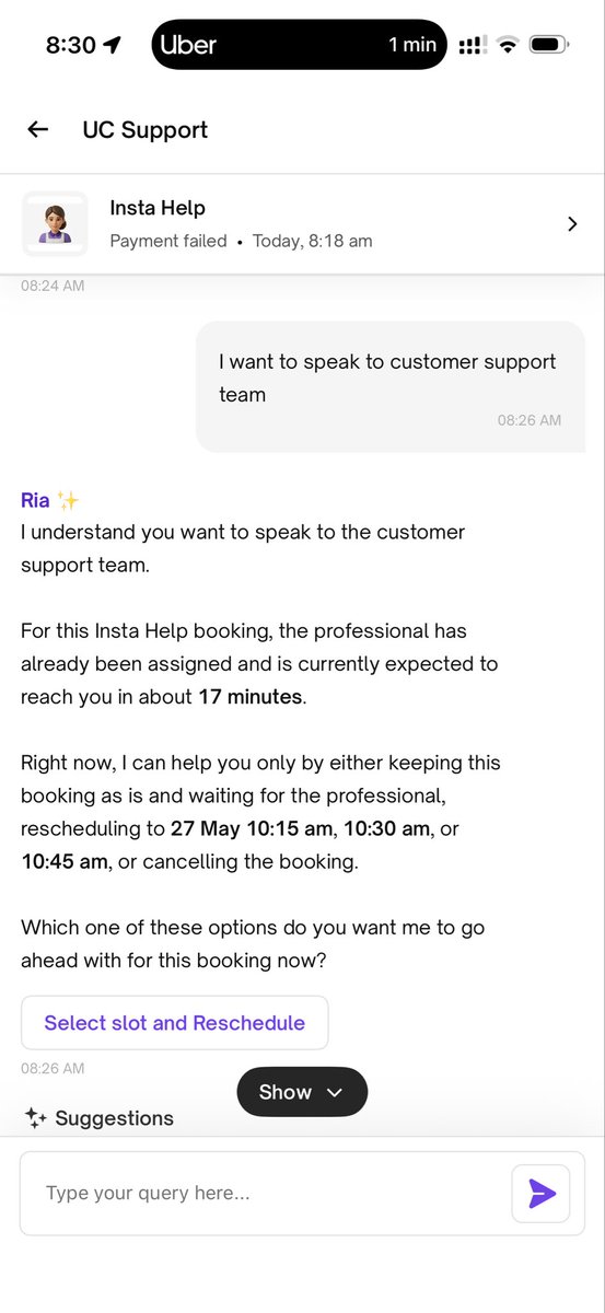 hellopatts's tweet photo. The AI slop in @urbancompany_UC help support is the worst. 

Now allowed to speak to an agent. 
No calls to the professional. 
No update on the updated time. 
Same repetitive bs. 

The irony of booking Instahelp has nothing instant about it. https://t.co/MFYfwkn3Uf
