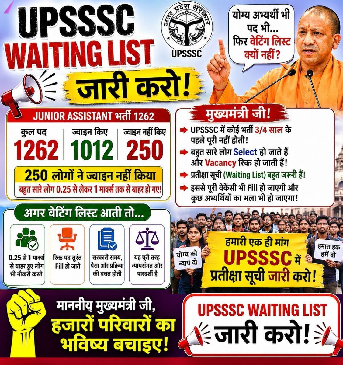 Manjeet60962163's tweet photo. माननीय सरकार से अनुरोध है कि अभ्यर्थियों की मेहनत और प्रतीक्षा को ध्यान में रखते हुए UPSSSC Waiting List पर शीघ्र निर्णय लिया जाए।
युवाओं को अवसर और प्रक्रिया को पूर्णता मिले।

@myogiadityanath @UPGov @CMOfficeUP @yadavakhilesh

#UPSSSC_WAITING_LIST_जारी_करो https://t.co/b3HeRCoEty