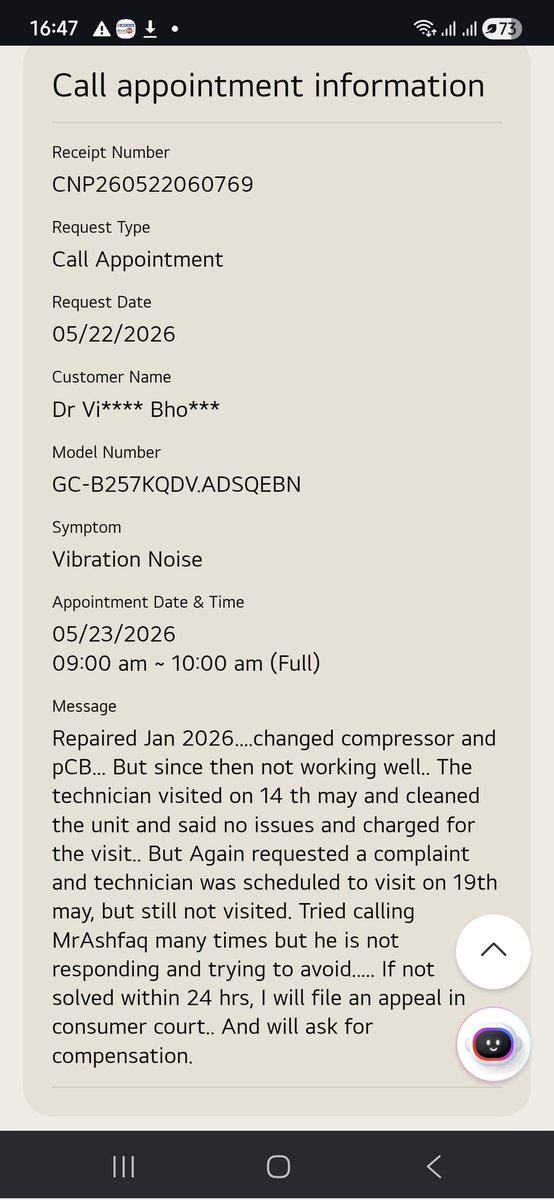 matrumangal's tweet photo. @LGE_Global @amazonIN complaint not solved inspite of repeated requests. Technicians gave poor service inspite of payment every visit. LG closed the request and offered 13 % discount voucher to buy new refrigerator.This is mere harassment. If not solved, will reach the court! https://t.co/shiOsEp7He