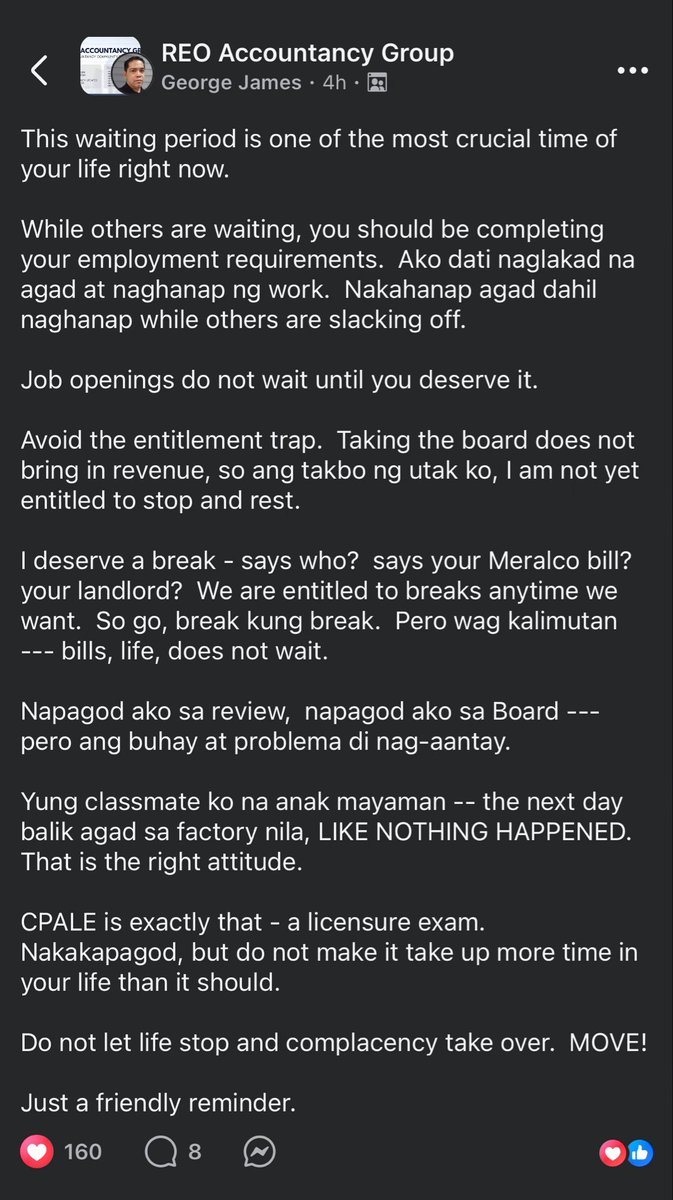 midnightXCPA's tweet photo. Grabe talaga how Sir George put life into words no? No doubt he’s my bias during review szn. I am bit confident sa aud then, so the main reason why I joined his f2f classes is because of his stories. Now that I am a CPA, his words still linger my mind. Best man in REO, no doubt🙌 https://t.co/KNMv85z8kr