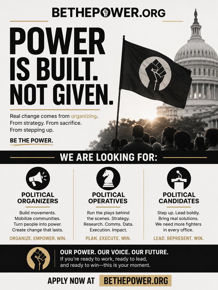 RealNyhiem's tweet photo. ARE YOU READY TO GET BUSY! 

POWER IS BUILT. NOT GIVEN.💪🏿

We are looking for the next generation of:

• Political Organizers
• Political Operatives
• Political Candidates
Not spectators. Builders. Strategists. Fighters.
If you believe our communities deserve stronger representation, real political infrastructure, and leadership that answers to the people, then this is your moment.

We need:
✔️ Organizers who can mobilize
✔️ Operatives who can execute
✔️ Candidates willing to lead boldly

This is more than politics.
This is institution building.
This is civic power.

Apply now and join the movement:
https://t.co/6OvcCNlCmM
#BeThePower #PoliticalOrganizer #CampaignLife #PoliticalOperative #RunForOffice #CommunityPower #CivicPower #Leadership #Organizing #BuildPower
