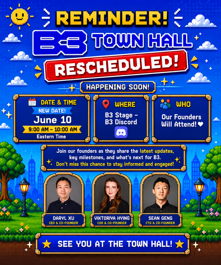 B3Support's tweet photo. ⚠️ TOWN HALL RESCHEDULE UPDATE ⚠️

The Town Hall has been moved to June 10, 9:00 AM ET.

We apologize for the short notice. This change allows us to present B3OS and upcoming product updates together in a more cohesive session. Thank you and we appreciate your patience! https://t.co/Zmlmpkw0cR