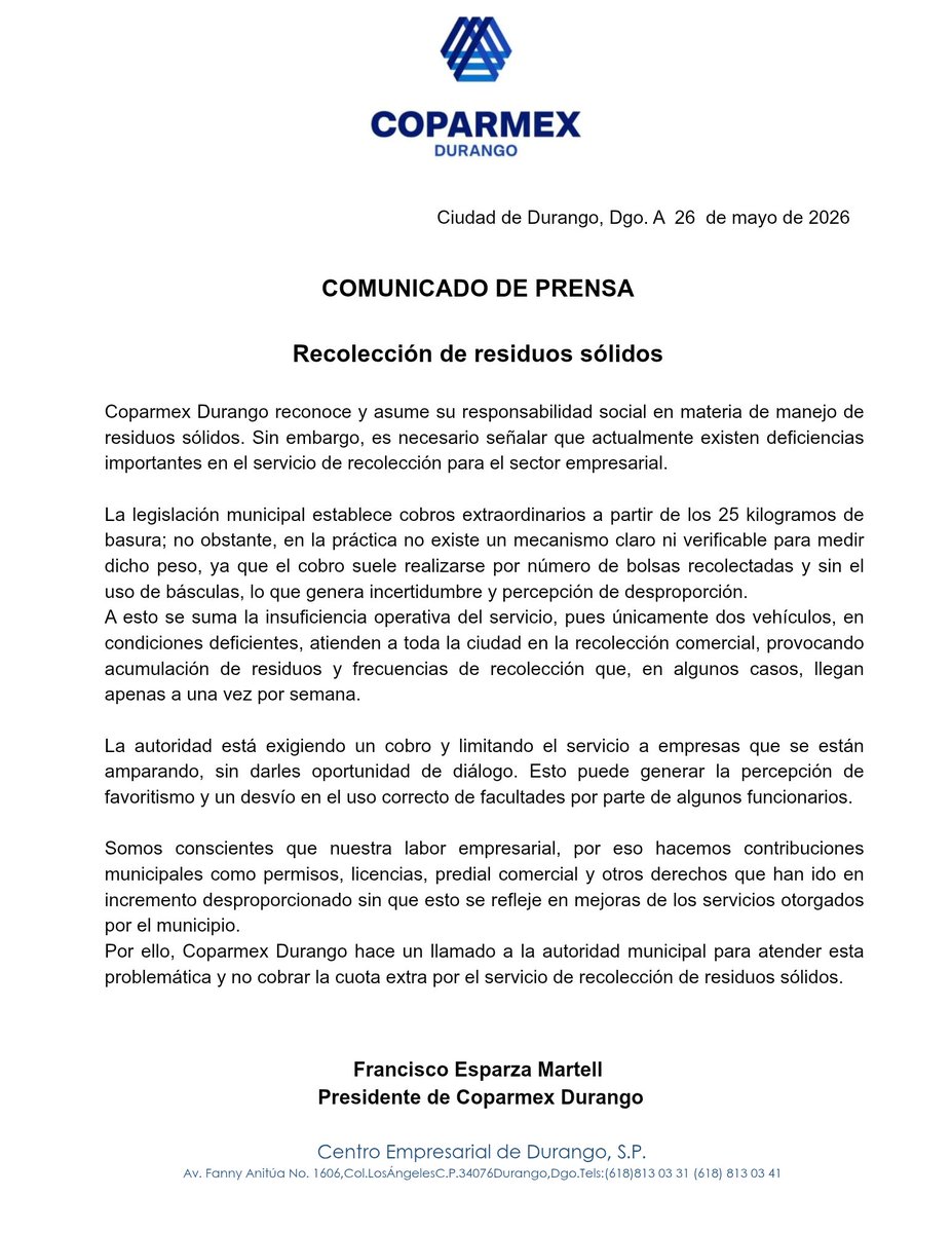 CoparmexD's tweet photo. 📢 COMUNICADO ♻️

Desde Coparmex Durango hacemos un llamado al diálogo, la transparencia y el fortalecimiento del servicio de recolección de residuos para beneficio del sector empresarial y de nuestra ciudad. 🤝🏙️

 #CoparmexDurango https://t.co/OKNpyWKuVC
