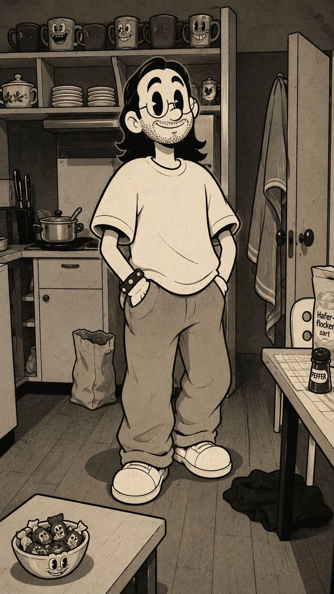 oggii_0's tweet photo. GPT Image 2 on Chatgpt 

Prompt: Transforma a pessoa da foto num personagem cartoon vintage dos anos 1930–1940, inspirado no estilo “rubber hose animation” clássico de Betty Boop, Cuphead, Steamboat Willie e cartoons antigos da Fleischer Studios.

IMPORTANTE:
- Mantém claramente a identidade da pessoa da foto (cabelo, barba, óculos, rosto e expressão reconhecíveis).
- Corpo em estilo cartoon exagerado e elástico.
- Olhos grandes pretos estilo pie-cut vintage.
- Sorriso grande e expressivo.
- Mãos com luvas brancas clássicas de cartoon.
- Sapatos oversized estilo anos 30.
- Braços e pernas finos estilo borracha (“rubber hose limbs”).
- Linhas pretas grossas e animação vintage.

Visual:
- Preto e branco ou sépia vintage.
- Textura envelhecida de película antiga.
- Pequenos grãos, riscos e imperfeições de filme antigo.
- Sombras simples estilo cel animation.
- Proporções caricaturais mas naturais.
- Fundo inspirado no ambiente original da foto.

Estilo artístico:
- 1930s / 1940s cartoon animation.
- Rubber hose cartoon.
- Vintage animation poster.
- Fleischer Studios aesthetic.
- Cuphead-inspired vintage cartoon.
- Ink outlines and exaggerated expressions.

Qualidade:
- Ultra detailed vintage cartoon.
- Cinematic composition.
- High detail facial likeness.
- Soft vintage lighting.
- Authentic retro animation feeling.
- Full body character.